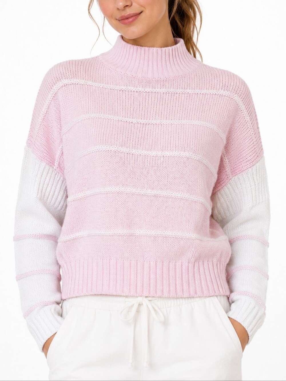 Cotton sweater vintage drop shoulder mock neck pink white Courtney Rhodes USA